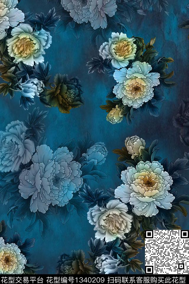 香云纱牡丹中国风数码印花华亿平台下载（图片编号: 1340209） - 瓦栏（Walan）