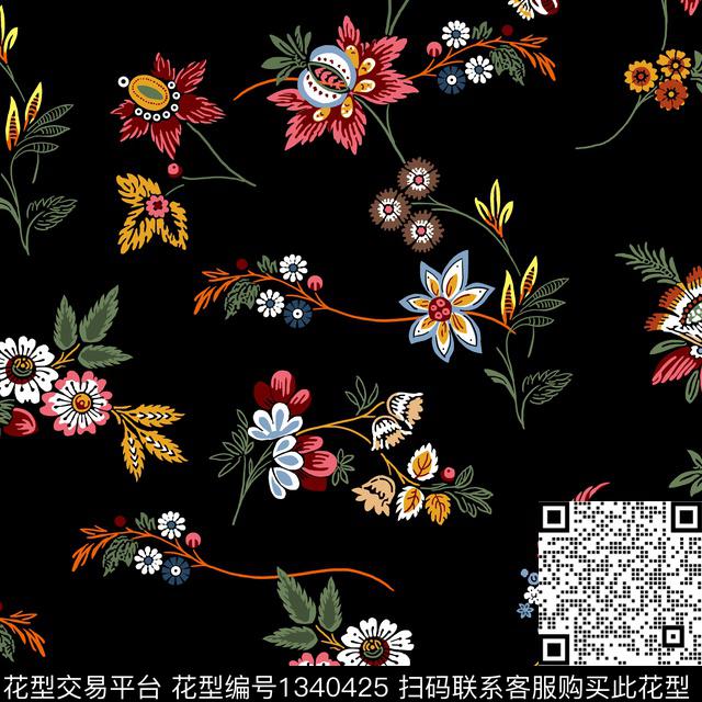 花卉手绘黑底花卉传统印花华亿平台下载（图片编号: 1340425） - 瓦栏（Walan）