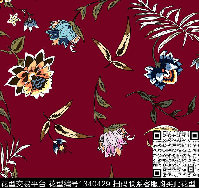 花卉手绘酒红底传统印花华亿平台下载（图片编号: 1340429） - 瓦栏（Walan）
