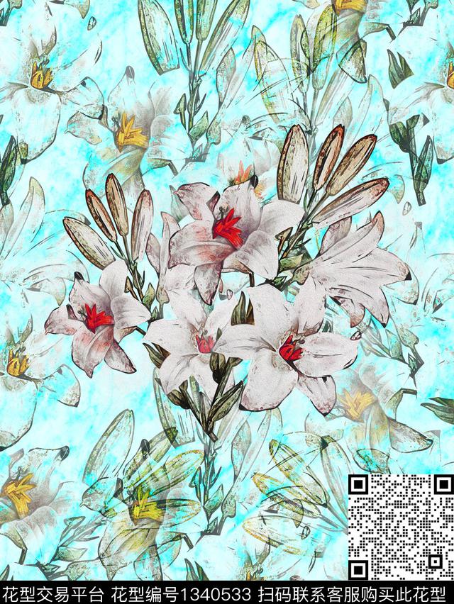 插画定位花时尚数码印花华亿平台下载（图片编号: 1340533） - 瓦栏（Walan）