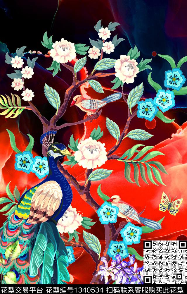 花卉孔雀暗黑系数码印花华亿平台下载（图片编号: 1340534） - 瓦栏（Walan）