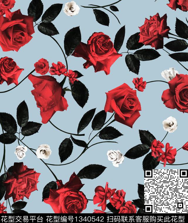 玫瑰花花卉大牌风数码印花华亿平台下载（图片编号: 1340542） - 瓦栏（Walan）