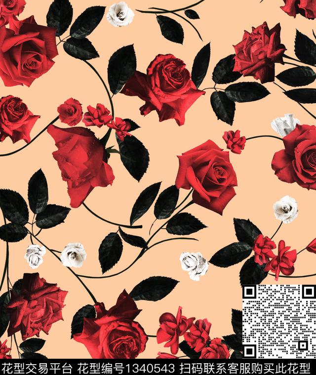 玫瑰花花卉大牌风数码印花华亿平台下载（图片编号: 1340543） - 瓦栏（Walan）