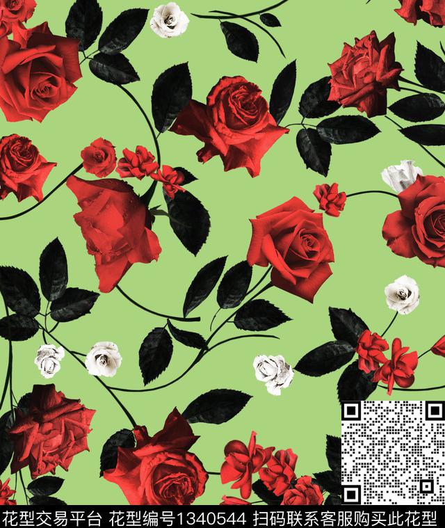 玫瑰花花卉大牌风数码印花华亿平台下载（图片编号: 1340544） - 瓦栏（Walan）