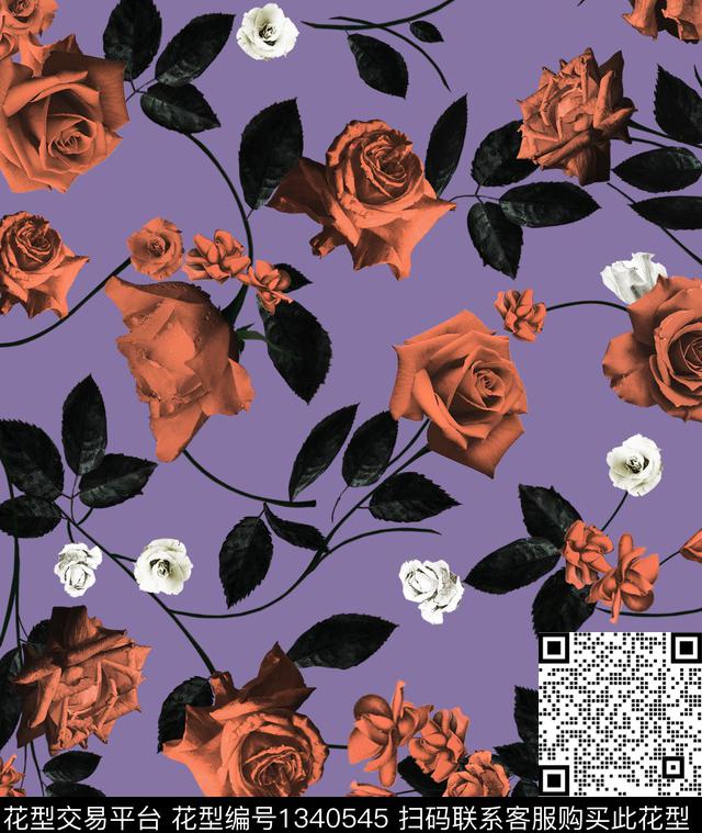 玫瑰花花卉大牌风数码印花华亿平台下载（图片编号: 1340545） - 瓦栏（Walan）