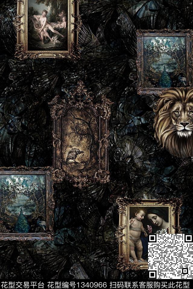 壁画宫廷风狮子数码印花华亿平台下载（图片编号: 1340966） - 瓦栏（Walan）