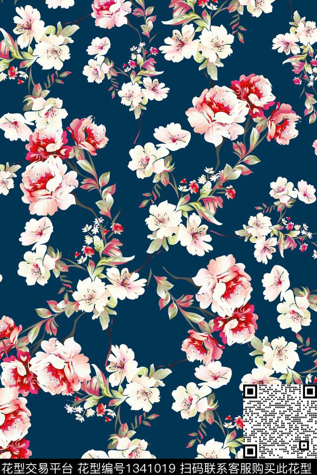 玫瑰花满版散花纯底花数码印花华亿平台下载（图片编号: 1341019） - 瓦栏（Walan）