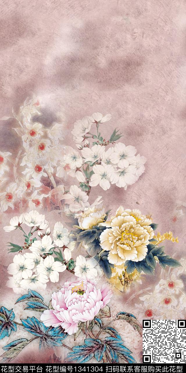 花卉中国风国画数码印花华亿平台下载（图片编号: 1341304） - 瓦栏（Walan）
