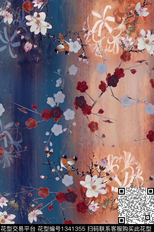 梅花鸟香云纱数码印花华亿平台下载（图片编号: 1341355） - 瓦栏（Walan）