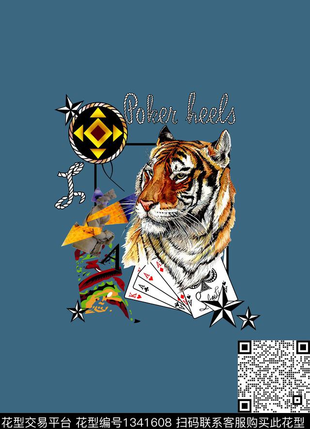 时尚流行绳子字母组合五角星老虎头扑克牌数码印花华亿平台下载（图片编号: 1341608） - 瓦栏（Walan）
