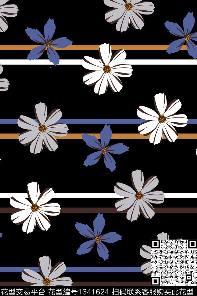 黑底花卉花卉大牌风传统印花华亿平台下载（图片编号: 1341624） - 瓦栏（Walan）