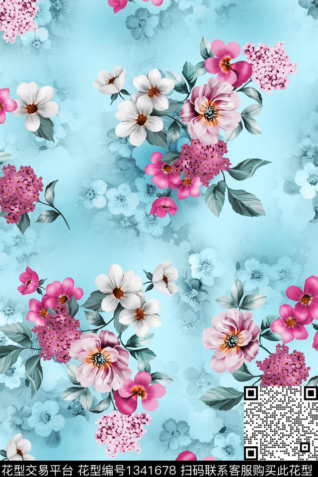 花卉大牌风手绘花卉数码印花华亿平台下载（图片编号: 1341678） - 瓦栏（Walan）