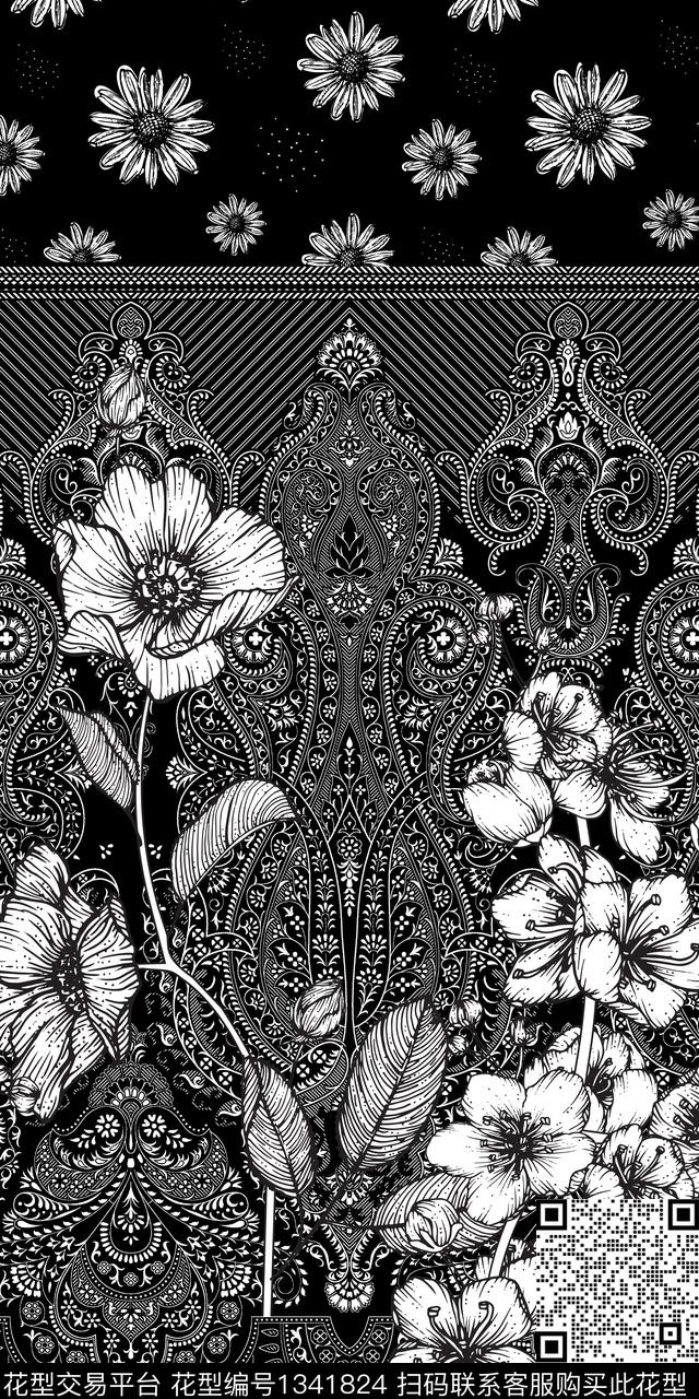 纹理花卉旗袍数码印花华亿平台下载（图片编号: 1341824） - 瓦栏（Walan）