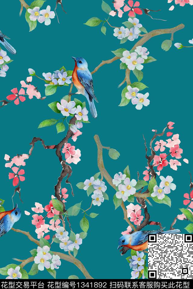 梅花鸟花卉数码印花华亿平台下载（图片编号: 1341892） - 瓦栏（Walan）