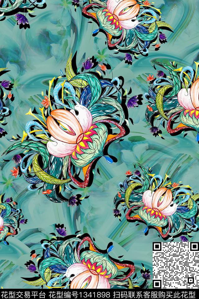 清爽底花卉民族风花卉数码印花华亿平台下载（图片编号: 1341898） - 瓦栏（Walan）