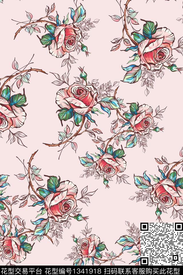 玫瑰花清爽底花卉花卉数码印花华亿平台下载（图片编号: 1341918） - 瓦栏（Walan）