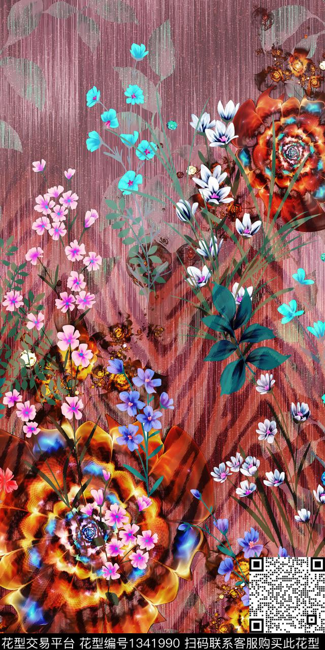 纹理花卉旗袍数码印花华亿平台下载（图片编号: 1341990） - 瓦栏（Walan）