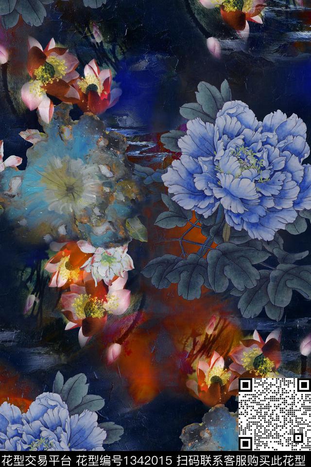 香云纱大花中国风数码印花华亿平台下载（图片编号: 1342015） - 瓦栏（Walan）