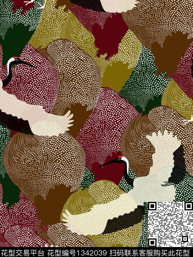 肌理仙鹤抽象花卉数码印花华亿平台下载（图片编号: 1342039） - 瓦栏（Walan）