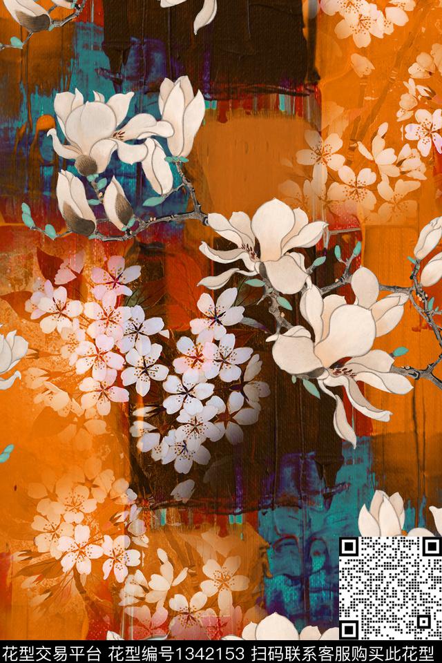 玉兰花香云纱中国风数码印花华亿平台下载（图片编号: 1342153） - 瓦栏（Walan）