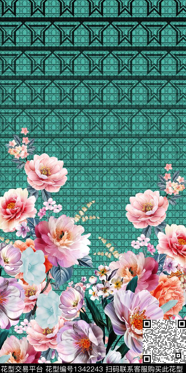 几何定位花花卉数码印花华亿平台下载（图片编号: 1342243） - 瓦栏（Walan）