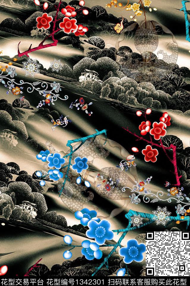 复古香云纱真丝数码印花华亿平台下载（图片编号: 1342301） - 瓦栏（Walan）