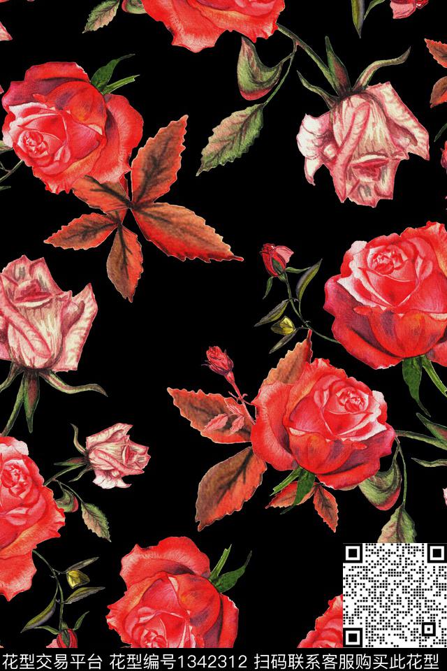 玫瑰花花卉大牌风数码印花华亿平台下载（图片编号: 1342312） - 瓦栏（Walan）
