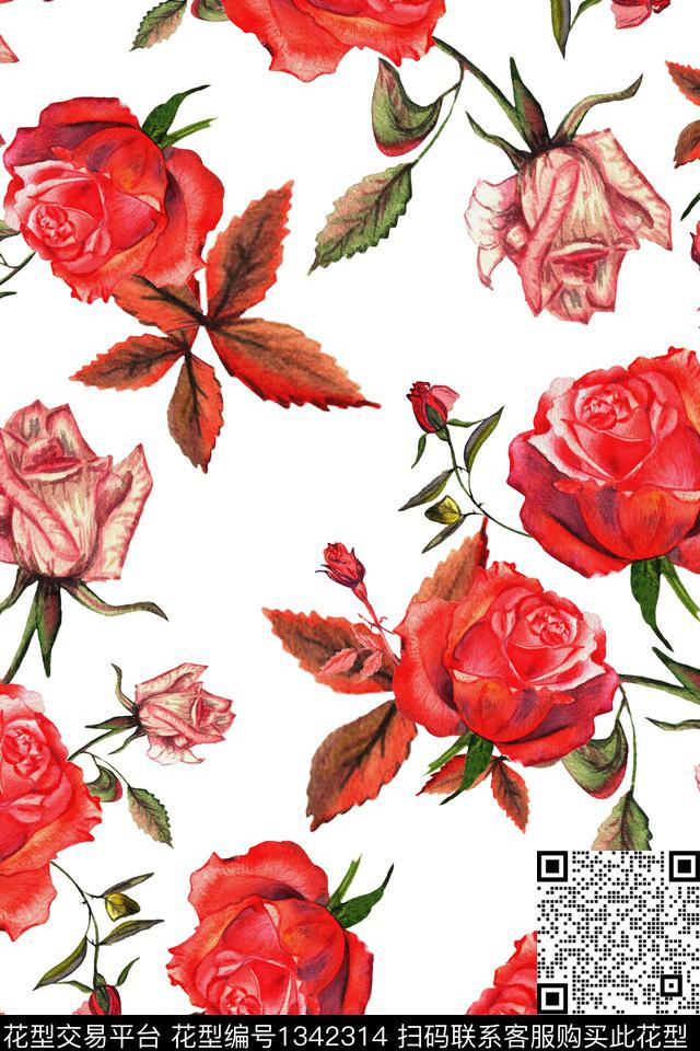 玫瑰花花卉大牌风数码印花华亿平台下载（图片编号: 1342314） - 瓦栏（Walan）