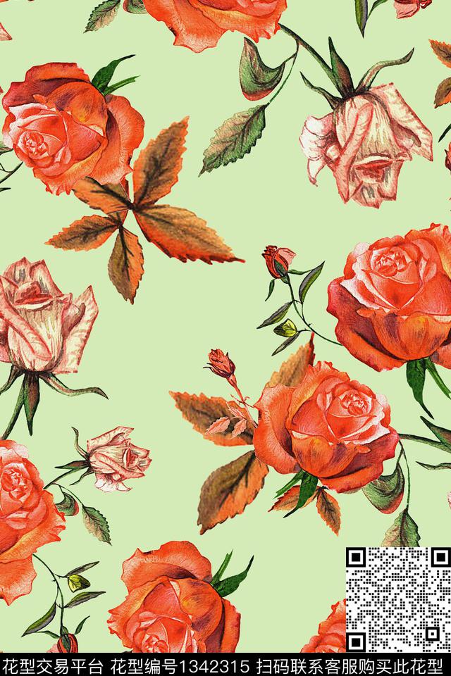 玫瑰花花卉大牌风数码印花华亿平台下载（图片编号: 1342315） - 瓦栏（Walan）