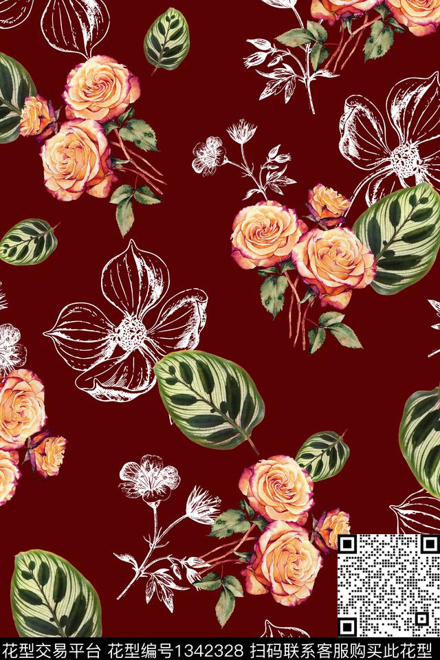 花卉大牌风植物数码印花华亿平台下载（图片编号: 1342328） - 瓦栏（Walan）