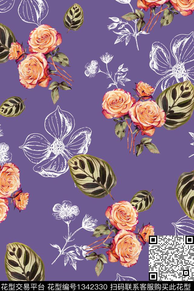 花卉大牌风植物数码印花华亿平台下载（图片编号: 1342330） - 瓦栏（Walan）