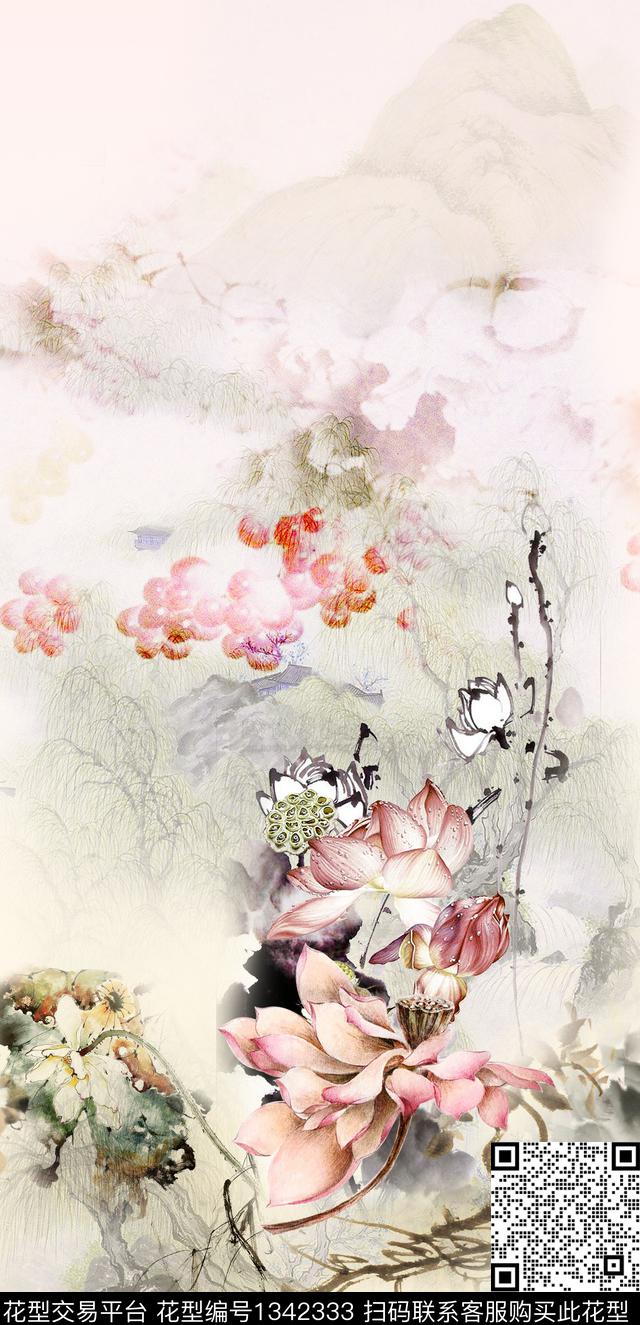 花卉中国风国画数码印花华亿平台下载（图片编号: 1342333） - 瓦栏（Walan）