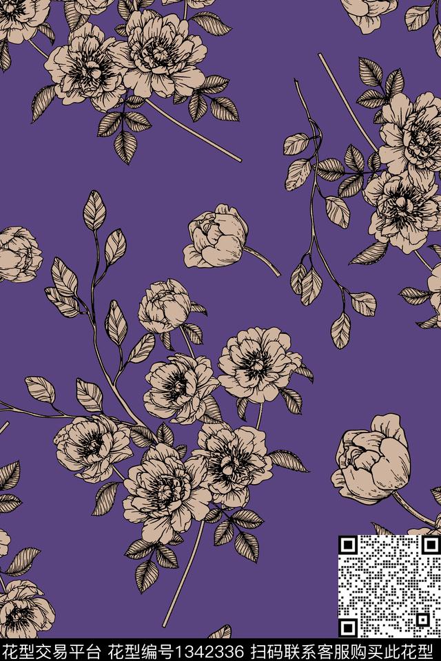 花卉大牌风植物传统印花华亿平台下载（图片编号: 1342336） - 瓦栏（Walan）