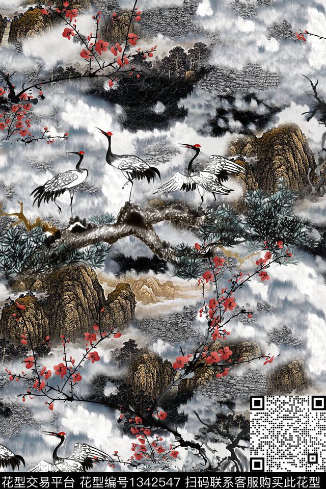 梅花仙鹤水墨风数码印花华亿平台下载（图片编号: 1342547） - 瓦栏（Walan）
