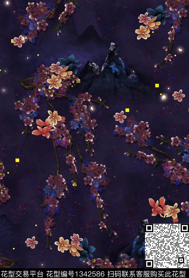 绿植树叶女装旗袍数码印花华亿平台下载（图片编号: 1342586） - 瓦栏（Walan）