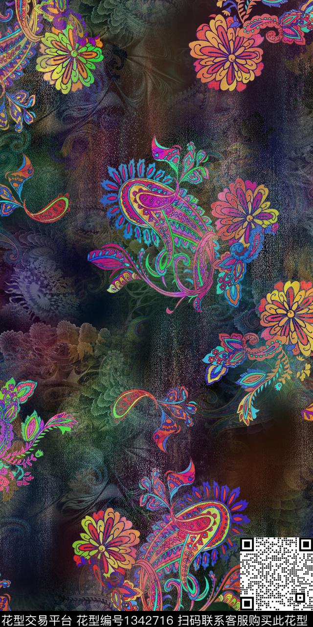 佩斯利彩底花卉数码印花华亿平台下载（图片编号: 1342716） - 瓦栏（Walan）