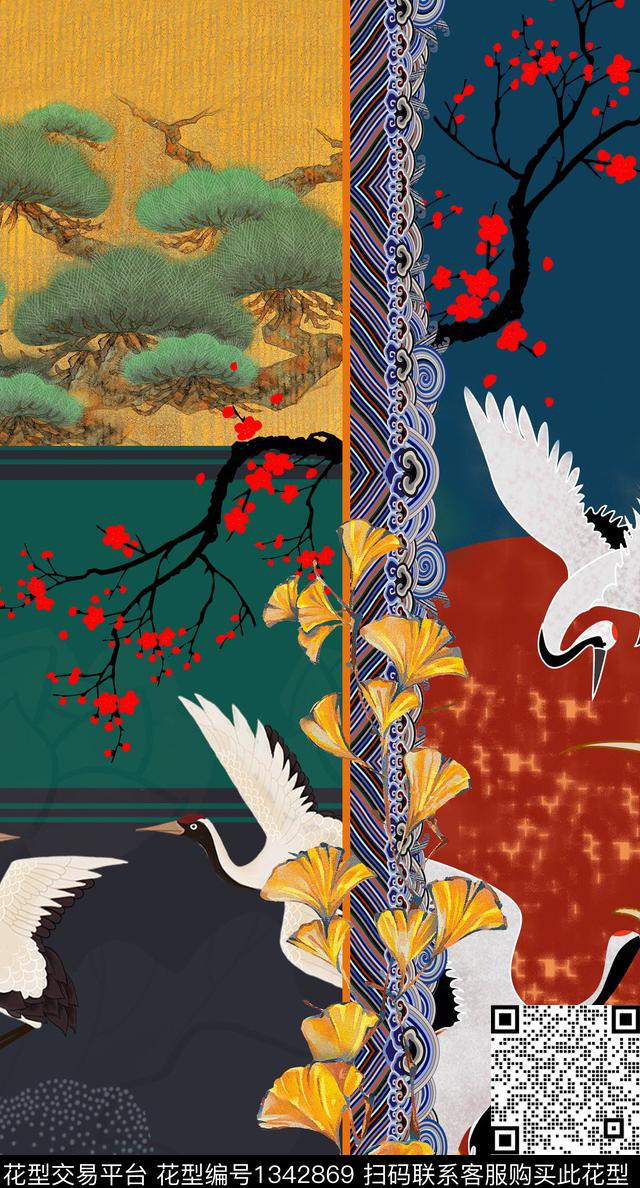 梅花仙鹤中国风定位花数码印花华亿平台下载（图片编号: 1342869） - 瓦栏（Walan）
