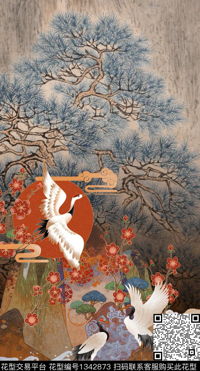 梅花仙鹤中国风定位花数码印花华亿平台下载（图片编号: 1342873） - 瓦栏（Walan）