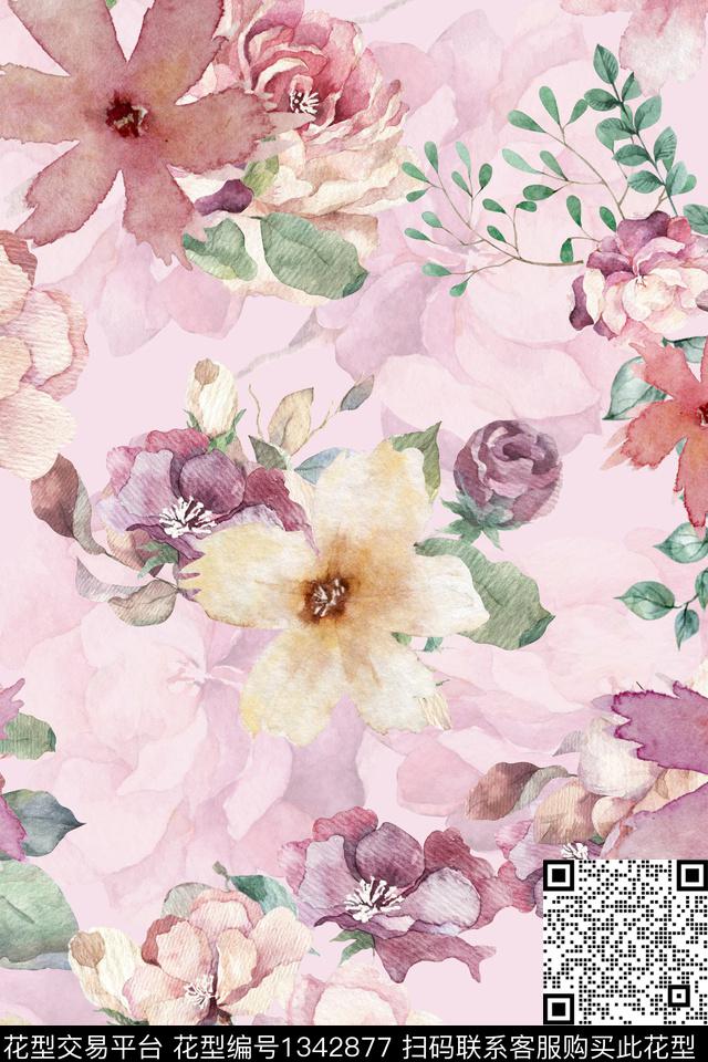 水彩花卉大花数码印花华亿平台下载（图片编号: 1342877） - 瓦栏（Walan）