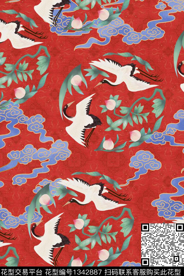 祥云仙鹤花卉数码印花华亿平台下载（图片编号: 1342887） - 瓦栏（Walan）