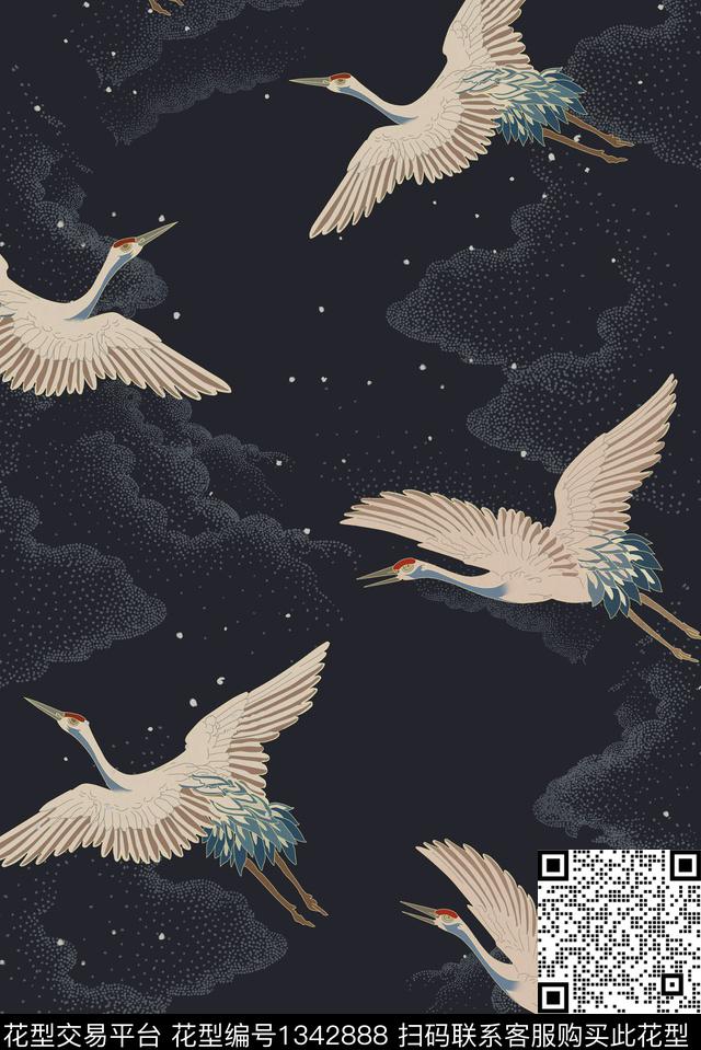 仙鹤花卉旗袍数码印花华亿平台下载（图片编号: 1342888） - 瓦栏（Walan）