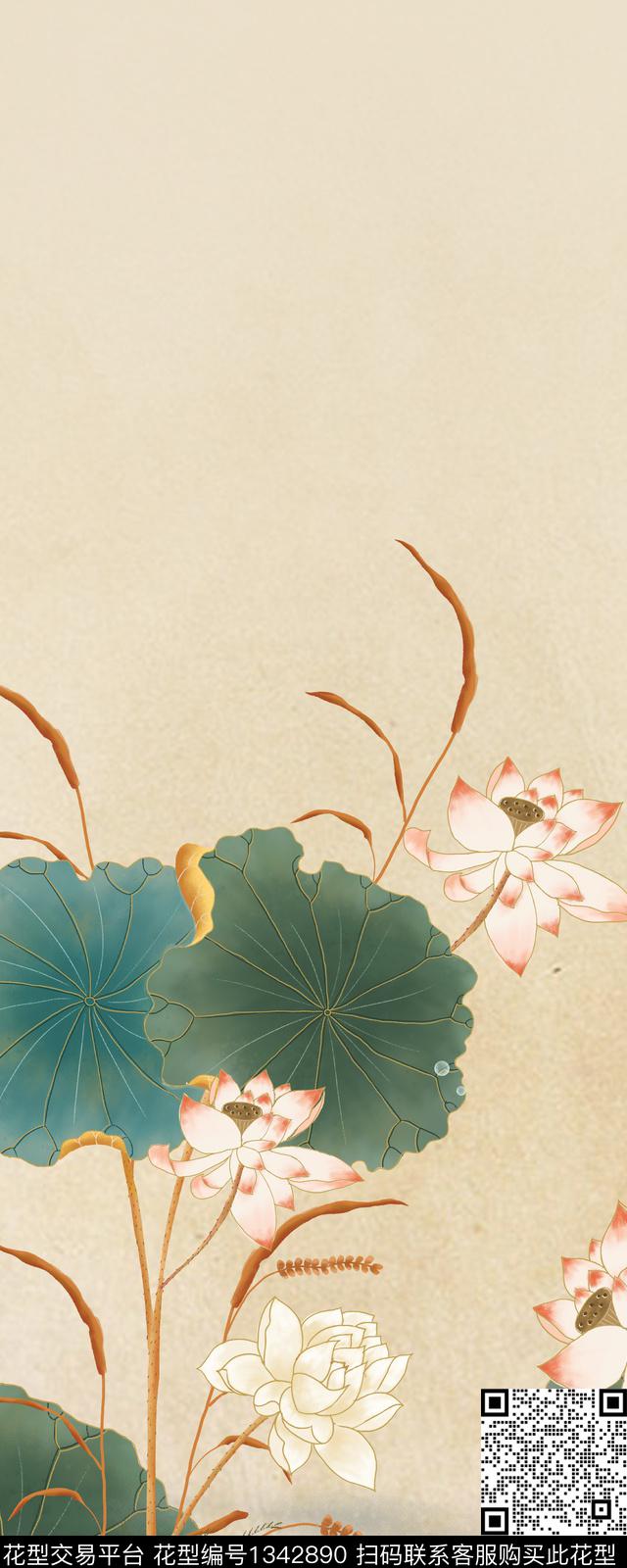 荷花花卉旗袍数码印花华亿平台下载（图片编号: 1342890） - 瓦栏（Walan）