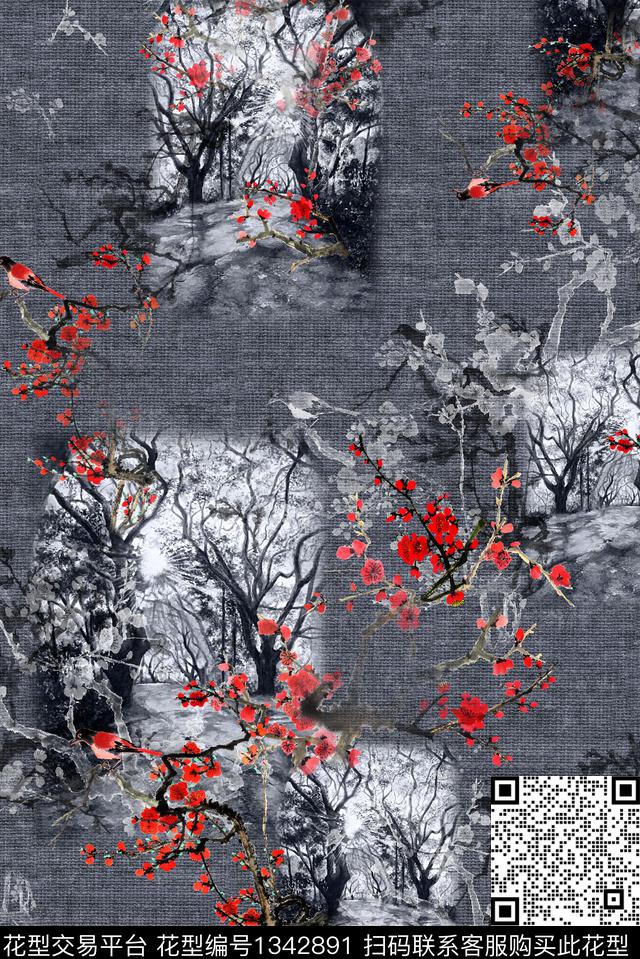 梅花香云纱中老年数码印花华亿平台下载（图片编号: 1342891） - 瓦栏（Walan）