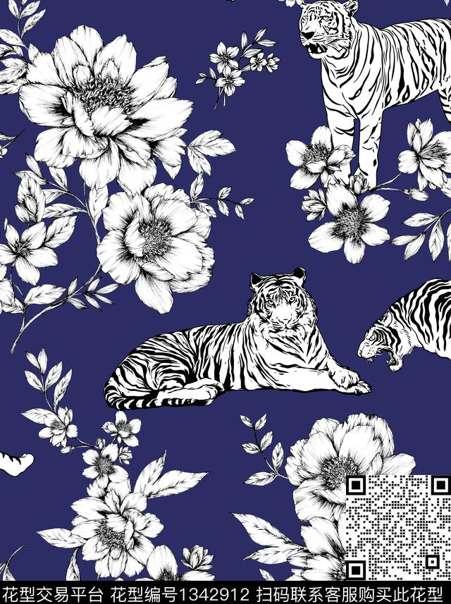 动物花卉老虎动物传统印花华亿平台下载（图片编号: 1342912） - 瓦栏（Walan）