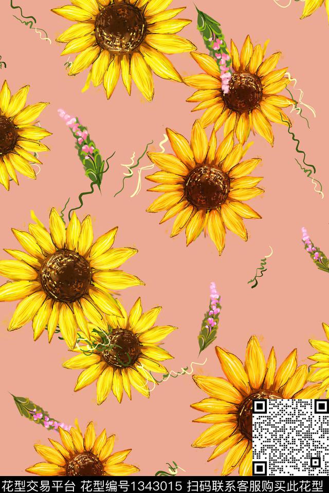 向日葵花卉小清新数码印花华亿平台下载（图片编号: 1343015） - 瓦栏（Walan）