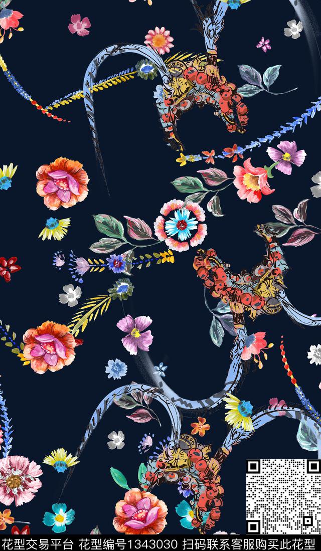 羽毛宫廷风绿植树叶数码印花华亿平台下载（图片编号: 1343030） - 瓦栏（Walan）