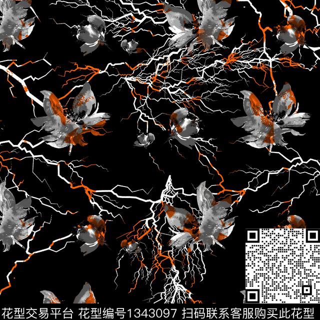 黑底花卉纸印花闪电传统印花华亿平台下载（图片编号: 1343097） - 瓦栏（Walan）