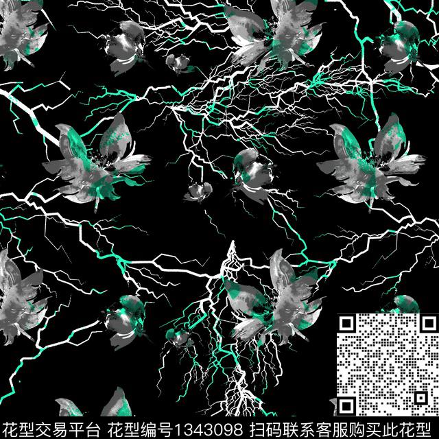 黑底花卉纸印花闪电传统印花华亿平台下载（图片编号: 1343098） - 瓦栏（Walan）