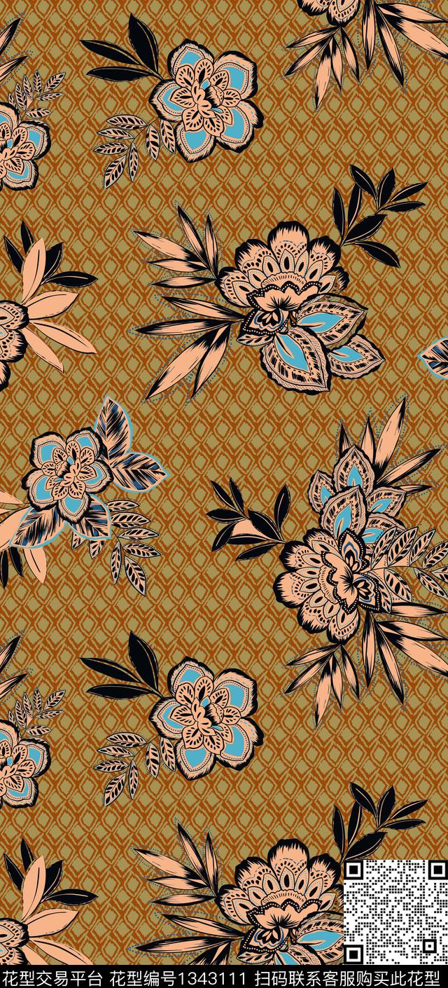 几何花卉民族风植物传统印花华亿平台下载（图片编号: 1343111） - 瓦栏（Walan）