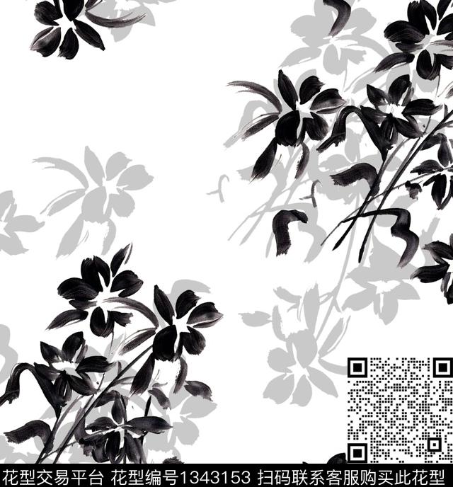 黑白华亿平台剪影手绘花卉数码印花华亿平台下载（图片编号: 1343153） - 瓦栏（Walan）